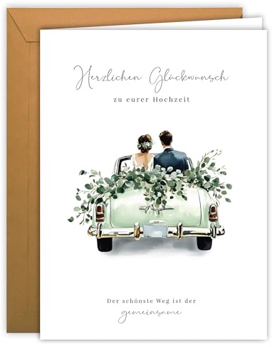 Hochzeitskarte groß mit Hochzeits-Auto – romantische Illustration | Klappkarte A4 mit Kraft-Umschlag, innen blanko – Glückwunschkarte, Hochzeitsbillet - für Standesamt Brautpaar Einladung zum Fest