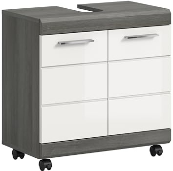 xonox.home – Waschbeckenunterschrank auf Rollen Scout 60x60x34 cm in Rauchsilber und Weiß Hochglanz – Mobiler Badschrank – Moderner Unterschrank für eine Elegante & Flexible Badaufbewahrung