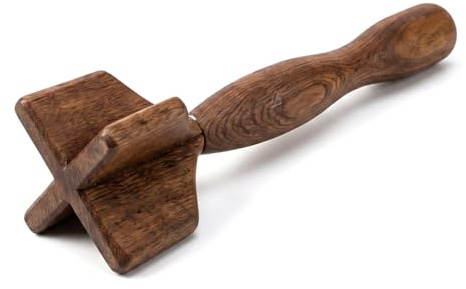 Meat Masher and Potato Masher, Solid Teak Wood Ground Beef Chopper for Kitchen Prep, Smooth Grip Mince Masher with 4-Corner Head