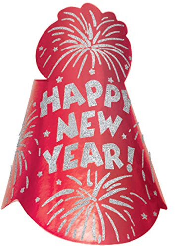 Amscan 250163-40 - Partyhut Happy New Year, Höhe 22 cm, rot-silber mit Glitzer, Hut aus Pappe, Unisex, Neujahr, Silvester, Jahreswechsel, Party