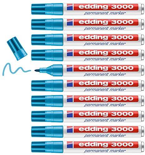edding 3000 Permanentmarker - hell-blau - 10 Stifte - Rund-Spitze 1,5-3 mm - schnell trocknender Permanent Marker - wasserfest, wischfest - für Karton, Kunststoff, Holz, Metall - Universalmarker