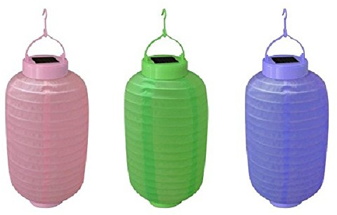 3 Stück Solar-Lampen, oval, zum Aufhängen, Farbe: Anis, Lila/Rosa, LED, Weiß