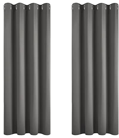 Deconovo Vorhang Blickdicht Verdunkelungsvorhang Gardine Wohnzimmer Thermogardine Kälteschutz Ösen, 138x117cm(HöhexBreite), Dunkelgrau, 2er Set
