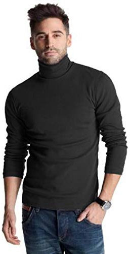 Mens Black Heavy Cotton 300gsm Winter ROLL Ribbed Neck Polo TOP (M)