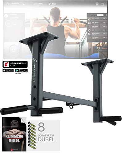 Sportstech 4in1 Klimmzugstange Decke für Zuhause, KS400 Deckenmontage, Deutsche Qualitätsmarke, Pull Up Bar, 6 rutschfeste Griffe, extrem stabil, unzählige Pull Up Übungen, Ösen für Boxsack & Ropes