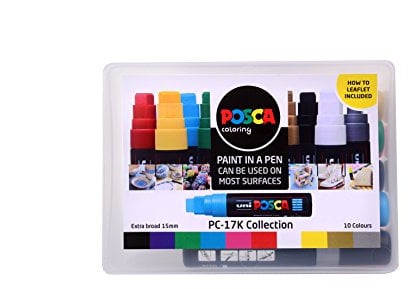 POSCA PC-17K Permanent Marker Paint Pens. Broad Chisel Tip for Art & Crafts. Multi Surface Use On Wood Metal Paper Canvas Cardboard Glass Fabric Ceramic Rock Pebble Stone Porcelain. Set of 10 Colours