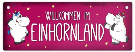 Honeycorns Metallschild mit Einhorn Stadtschild Motiv und Spruch: Willkommen im Einhornland
