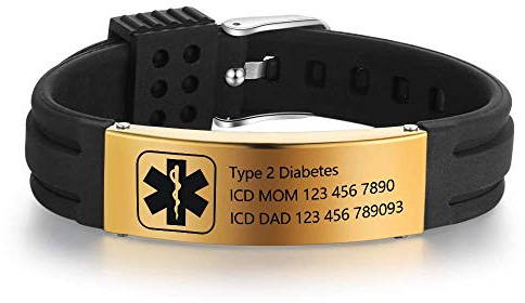Grand Made Kostenlose Gravur 9 Zoll Silikon Einstellbare Medizinische ID Armbänder für Männer Frauen Kinder - Wasserdichte Edelstahl Gummi Alert Sport Emergency (Black & Gold)