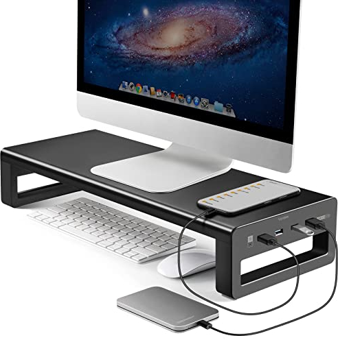 VAYDEER Monitor Stand with 4 USB 3.0 Ports, Metal Computer Screen Riser Lifter for Desk, Office PC Screen Shelf Tidy Space Saver Organiser for Laptop, Computer, iMac, up to 32 Inches - Black