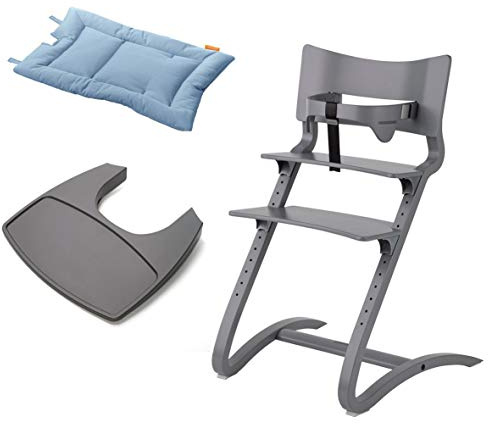 Leander Stuhl grau lackiert - Hochstuhl - Kinderstuhl - Erwachsenenstuhl mit Babybügel + Tablett grau + Kissen dusty blue