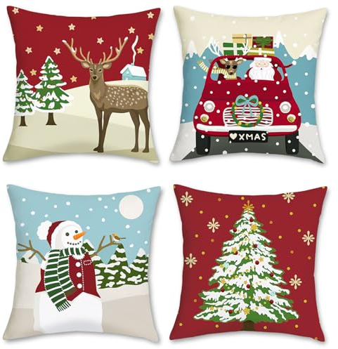 Bonhause Kissenbezüge Weihnachten Rentier 45 x 45 cm Schneemann Weihnachtslastwagen Samt Soft Dekorative Kissenhülle Weihnachtskissenbezug für Sofa Schlafzimmer Weihnachts Dekorationen 4 Stück