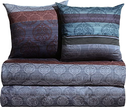 Erwin Müller Bettwäsche, Bettgarnitur 4-TLG. Sparpaket Mako-Satin Ornamente blau-braun-violett Größe 80x80 cm / 155x220 cm - feinste Baumwolle, angenehmes Schlafklima, mit Reißverschluss