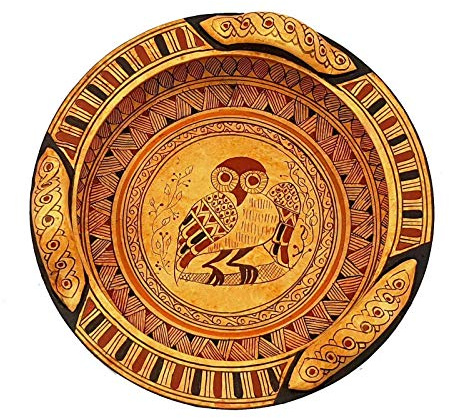 Griechische geometrische Keramik, Lekanis, 18 cm Durchmesser, Eule in der Mitte