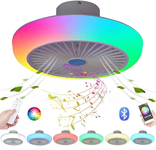 VOMI LED RGB Deckenventilator mit Beleuchtung Licht Fernbedienung Leise Kinderzimmer Flach Farbwechsel Deckenleuchte mit Ventilator Dimmbar Musik Bluetooth Lautsprecher Schlafzimmer Rund Weiß