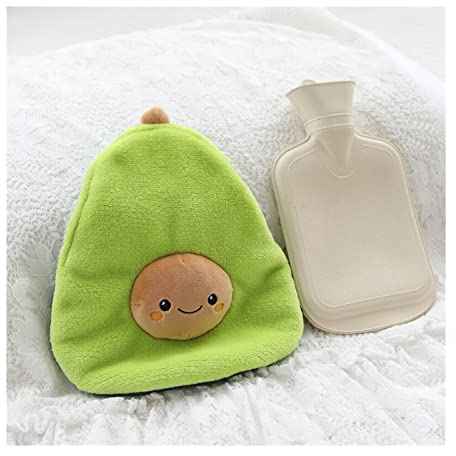 Sichere wassergefüllte Wärmflasche Niedliche Avocado-Gummi-Warmwasser-Flaschen mit gestrickter weicher gemütlicher Abdeckung Winter warmhitze wiederverwendbar 1000ml Ideal für Schmerzlinderung Kälteth
