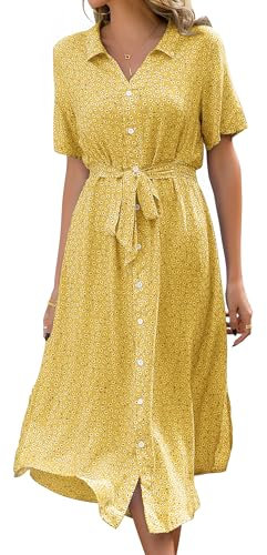 Livonmone Sommerkleid Damen Kurzarm Casual V-Ausschnitt Blumendruck Kleider Strandkleider Sexy Schlitz Midikleid Cocktailkleid Partykleid mit Gürtel (Gelb, S)