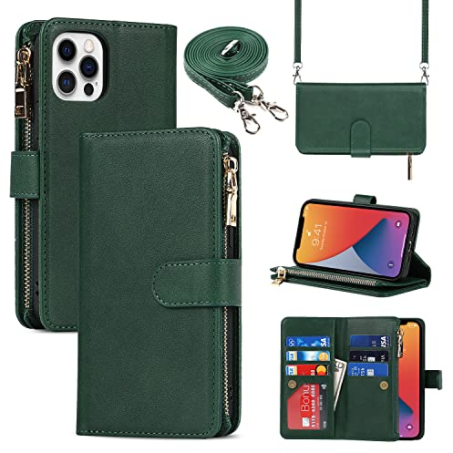 Cavor HandyHülle kompatibel mit iPhone 12/12 Pro Hülle Mit Band,Flip Leder Geldbörse Hülle Mit Handykette,[9 Kartenfach][Magnetisch],Klapphülle Handytasche kompatibel mit iPhone 12/12 Pro - Dunkelgrün