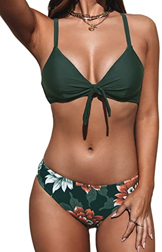 CUPSHE Damen Bikini Set Knoten Low Waist Bikini Bademode Cross Back Blumenmuster Zweiteiliger Badeanzug Swimsuit Dunkelgrünes Blumenmuster XL