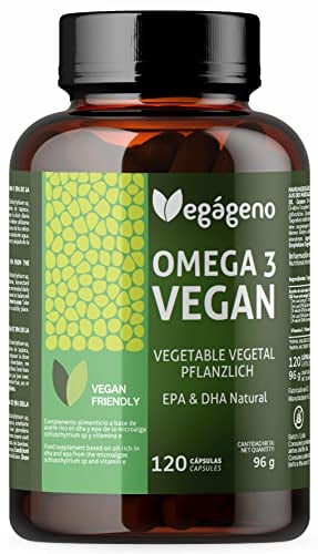 VEGAGENO Omega 3 vegano – Aceite de Algas 2000 mg con 600 mg DHA y 300 mg EPA por dosis diaria – 120 cápsulas vegetales – Sin gluten – No GMO – Apto para Veganos – En forma de Triglicérido