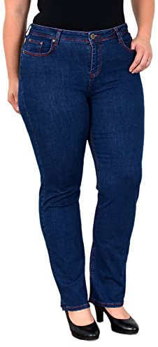 ESRA Damen Jeans Straight High-Waist Fit Jeans-Hose bis Übergröße Plussize Große Größen Gerade Schnitt Hose Hoch-Bund Leg Stretch hoher Bund FG5, Nachtblau J586