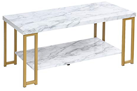 COSTWAY 2-Tier Coffee Table, Marble Effect Cocktail Center Table with Storage Shelf, Golden Metal Frame Accent Sofa Side Tea Table for Living Room, Bedroom and Office (Straight Legs)