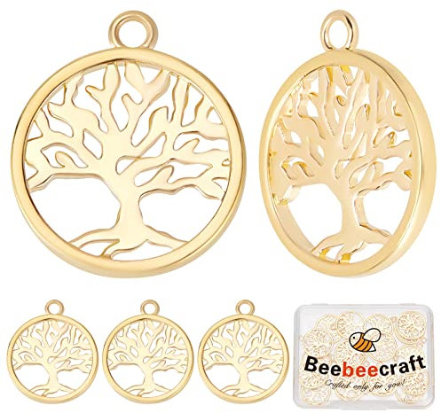 Beebeecraft 1 Scatola 25 Pezzi Ciondoli Albero Della Vita Placcato Oro 18K Ciondoli Ciondolo Albero Piatto Rotondo per Fai Da Te Orecchini Collana Bracciale Fare Artigianato