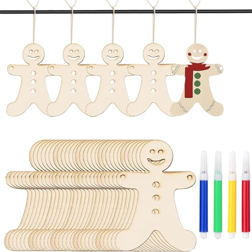 Winwild 36 Stück Christbaumschmuck Holz Lebkuchenmann Deko zum Basteln Bemalen mit Juteseil & Marker,Weihnachtsbaumschmuck Holzanhänger Holz zum Aufhängen Weihnachtsdeko