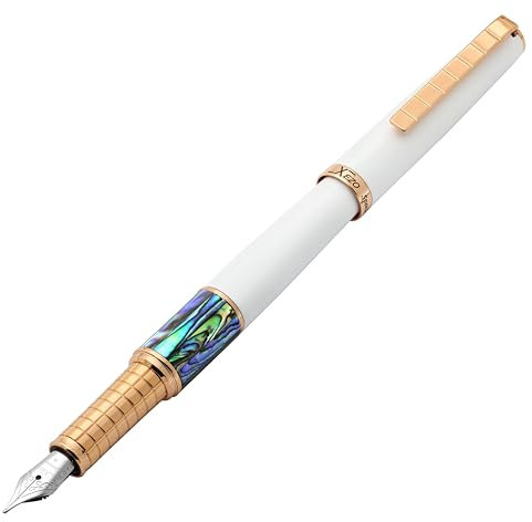 Xezo Speed Master Füllfederhalter, Mittlere Feder. Matt Weiße Farbe mit Pāua Abalone Muschel. Roségold beschichtet. Leichter Messingkörper. Keiner gleicht dem Anderen
