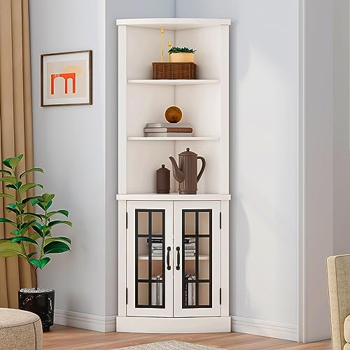 AMERLIFE Curved Corner Storage Cabinet, 65 Tall Freestanding Bookcase with Glass Doors & Adjustable Shelves, 5-Tier Corner Display Cabinet for Living Room, Bathroom, Distressed White