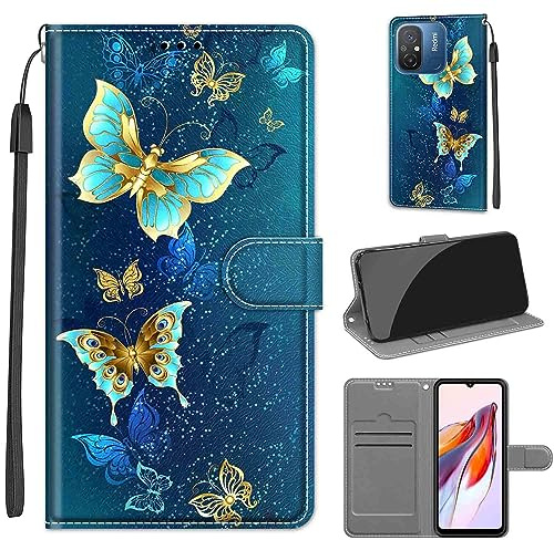 TOMYOU Handyhülle für Xiaomi Redmi 12C Hülle, grüner Schmetterling | Standfunktion, Kartenfach, Magnetisch, Stoßfeste Schutzhülle, Flip Leder, Klapphülle