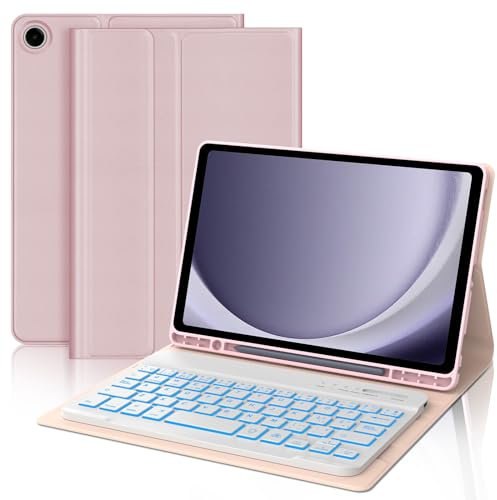 SENGBIRCH Samsung Galaxy Tab A9 8.7'' - Funda Teclado Tablet con 7 Colores Efecto Retroiluminación, Teclado Bluetooth Desmontable, Ranura para Bolígrafo, Rosa Claro