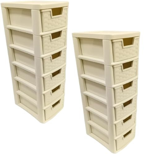 2 Pack 6 Tier Small Mini Drawer Tower Storage Unit Plastic Organizer Desktop Stationary Art Supplies Any Room Bathroom Bedroom Home Office Study Kitchen Living Room(6 Tier Small Cream)