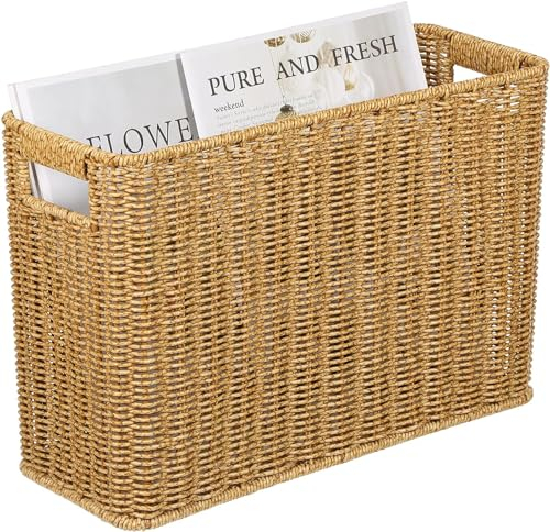 Wensmy Hand Woven Seagrass Magazine Holder - Narrow Rectangular Wicker Basket Floor Organizer for Home Office Coffee (Light Brown)