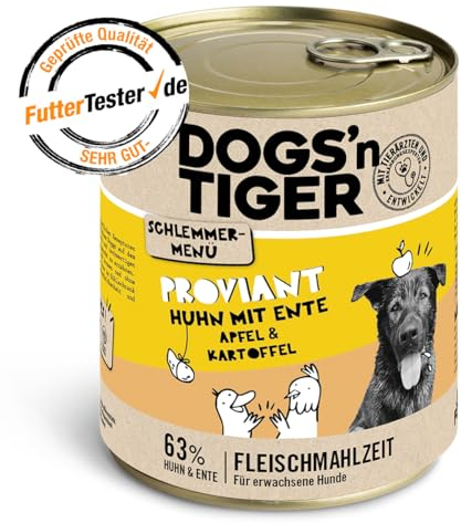 Dogs’n Tiger Adult Hundefutter, Proviant, Hundenassfutter mit Huhn, Ente, Apfel & Kartoffeln - ohne Getreide, Zuckerzusatz, künstliche Konservierungsstoffe, optimale Verträglichkeit, 6X 800g
