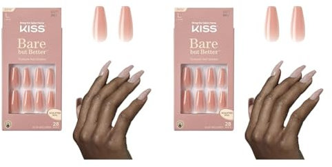KISS Bare but Better Glue-On Nails, künstliche Fingernägel, Glossy Coral Nude, lange Länge, Coffin Form, Acryl (Packung mit 2)