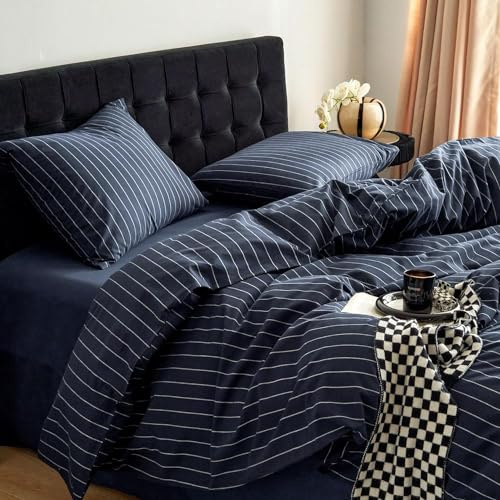 Lanqinglv Bettwäsche 155x220 cm Gestreift Marineblau Weiß Streifen Muster | ÖKO-TEX Zertifiziert,für Allergiker,4 Jahreszeiten Set,Aesthetic Bettbezug 1 Kissenbezüge 80x80 mit Reißverschluss