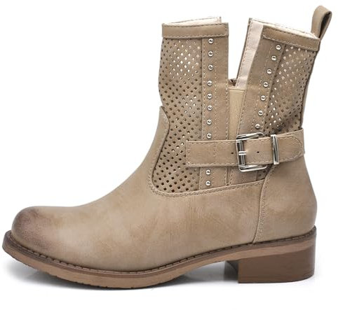 IF Fashion Stivali Stivaletti Biker Motociclista da Donna Traforato Con Fibbie Borchie Primaverili Estivi Pelle Sintetica G677 Khaki N.36