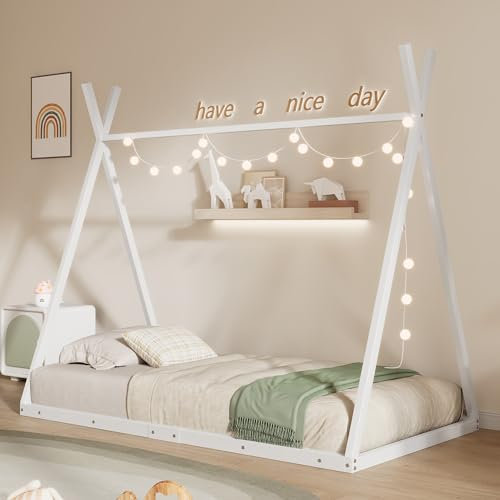 MQLAE Babybett 90 x 200 cm, Bodenbett, Kleinkindbett, Kinderbett, Jugendbett Hausbett, Indianer Bett, Zeltbett, Bett mit Lattenrost, Metallbett, ohne Matratze, Weiß
