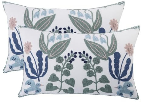 Tosleo 2 Stück Kissenbezüge Bestickte 30 x 50cm Blaue Blätter Kissenbezug Kissenhülle Wurfkissenbezüge für Gartenlounge Sofa Frühling Sommer Dekokissen Wohnzimmer Schlafzimmer Bauernhaus