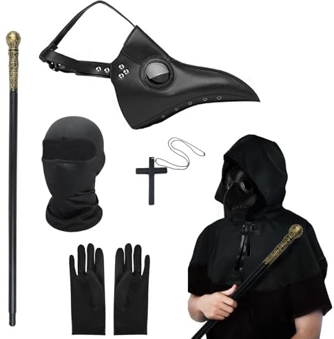 MAINOSHY Juego de 6 máscaras de médico de la peste para Halloween, máscara de nariz larga, pico de pájaro, máscara steampunk con capa, collar de crucifixión, guantes negros, cetro, accesorios de