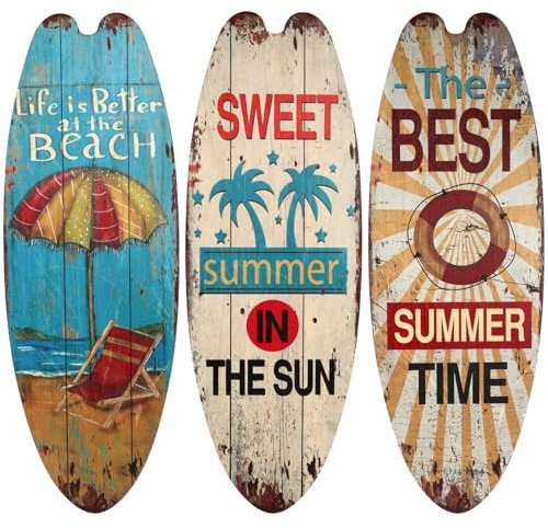 HEMOTON 3 Stück Surfbrett Schilder, Hängende Strandschild Dekoration Strand Willkommensschild,Tropisches Bar Schild,Hängende Ornament für Meer,Wand,Surf-Dekoration,Surfbrett Deko,Sommerdeko
