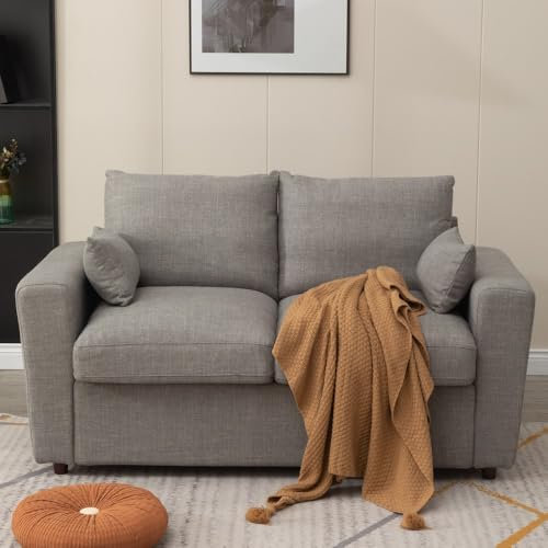 Panana Upholdered Sofa Loveseat Couch Fabric Wooden Legs with Under Stoage for Living Room, Dining Room, Office (Light Grey Linen Fabric, 2 Seater)