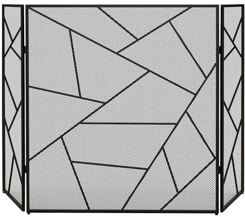 HOMCOM Pare feu cheminée Pliable 3 Panneaux, Pare-étincelles cheminée, Grille de Protection cheminée en Maille d'acier avec décor géométrique et Pieds antidérapants, 135l x 1,2P x 85H cm, Noir
