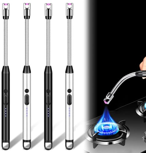 4 Stück Stabfeuerzeug, Elektrisch Lichtbogen USB Aufladbar Plasma Kerzenanzünder Lang für Kerzen Anzünden, Camping, Grill, Kamin (Schwarz + Silber)