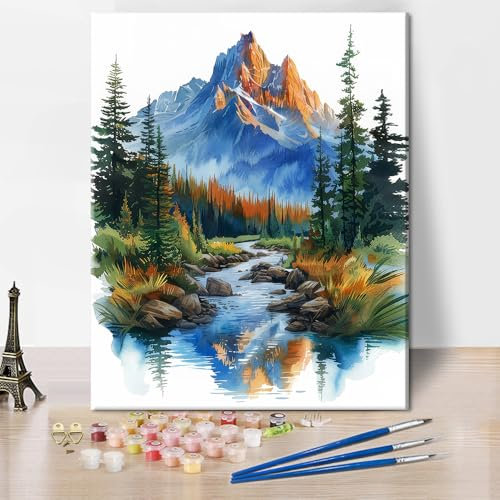 TISHIRON Malen nach Zahlen Erwachsene,Berg mit Fluss, Bäumen, Wasserfarben Ölmalerei DIY Bastelset Handgemalt Ölgemälde Kit Paint by Numbers Adult Leinwand Kit - 40 X 50 CM