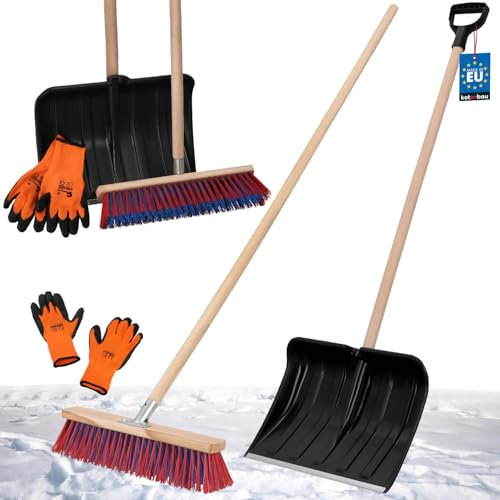 KOTARBAU® Set Schneeschaufel mit Holzstiel 131 cm Straßenbesen 43 cm + Handschuhe Schneeschieber Snow Shovel Schneeräumer Gartenbesen mit Stiel draußen Schneeschaufel Auto Holz Stiel zur Schneeräumung