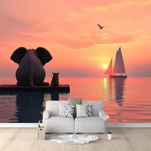 Photo Wallpaper Landscape Elephants Sunset 350 x 256 cm 3D Non-Woven Premium Art Print Fleece Decoration Poster Picture Design Modern for Living Room Kids Bedroom Orange