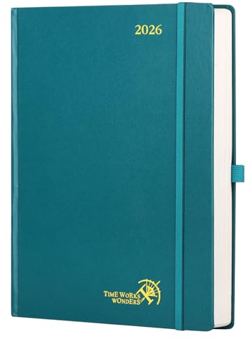 POPRUN Kalender 2026 Tagesplaner Hardcover 30,5 x 22 cm, Tageskalender A4 1 Tag 1 Seite (Montag - Sonntag), Terminplaner (Jan.2026-Dez.2026) mit Stiftschlaufe - Pazifikgrün