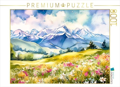 CALVENDO Puzzle Gras und Frühlingsblumen vor verschneitem Alpenkamm | 1000 Teile Lege-Größe 64 x 48 cm Foto-Puzzle für glückliche Stunden