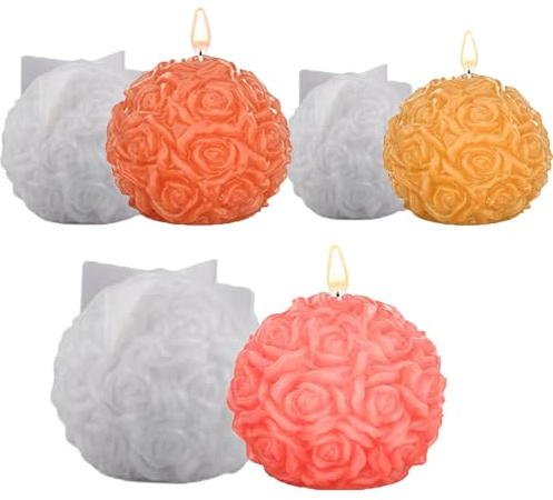 Silikonform Blumen,Mengger 3 Stück Kerzen Silikonformen,Rosenkugel Kerzenform,Silikonformen Gießformen Blumen Kerzengießformen,DIY Rosen Blume Silikonform,Rose Blumenkugel Eishockey Harzform